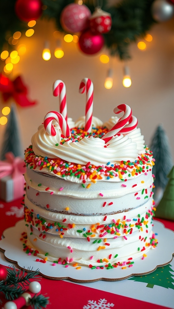 Festive Christmas Cake for Kids A colorful Christmas cake with sprinkles and candy canes on a holiday table.